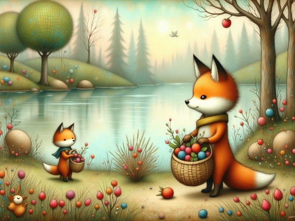 Whimsical Foxes Gather Berries on a Serene Lake Shore