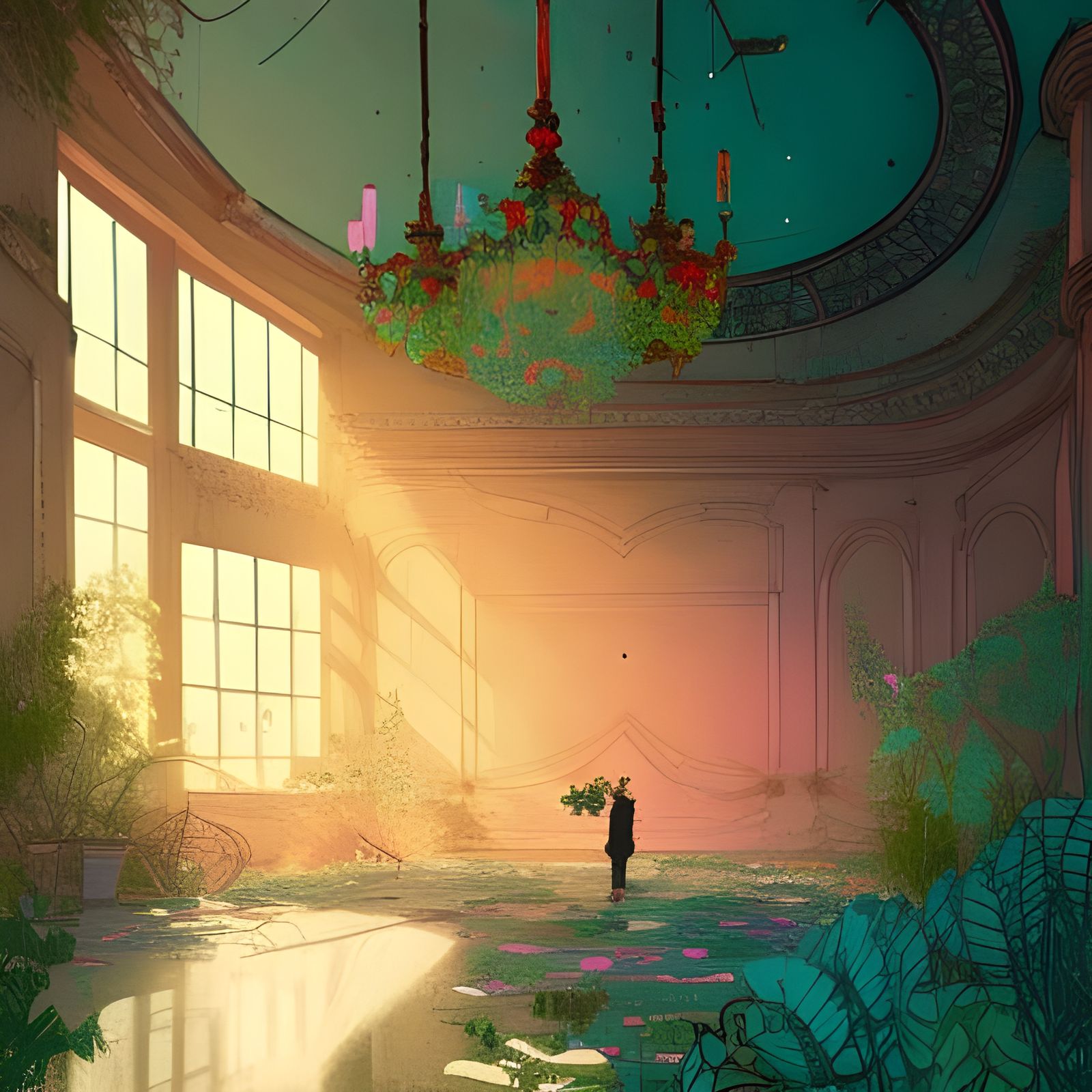 Ruined Ballroom with Flowers: A Digital Painting
