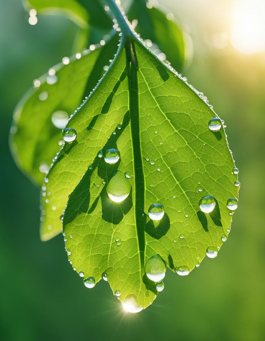 Dewdrop on Leaf in Spring Sunrise