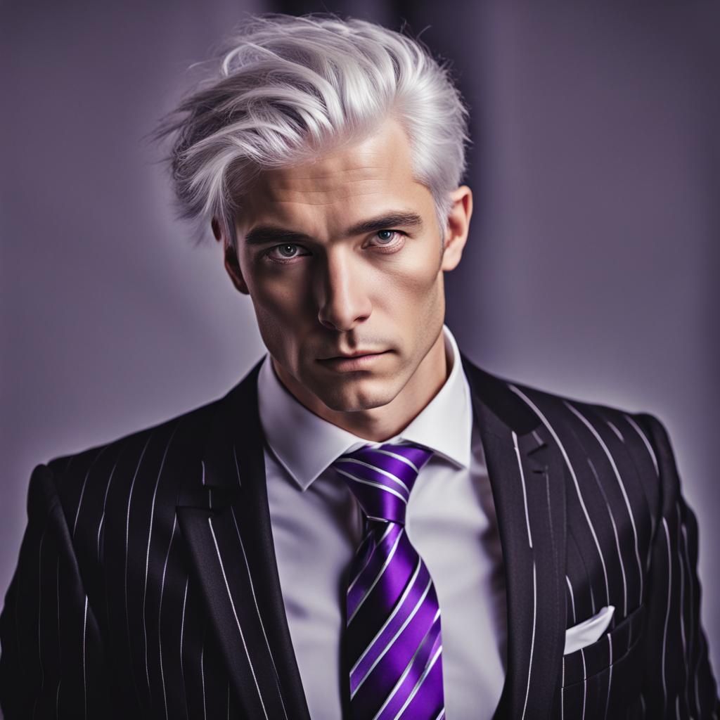 young man white hair wearing black suit with striped purple ...