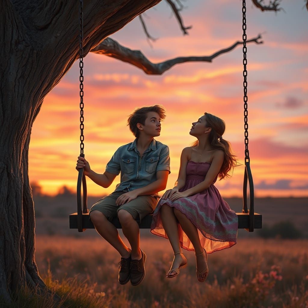 Serenely Swinging Teenagers Amidst a Breathtaking Sunset