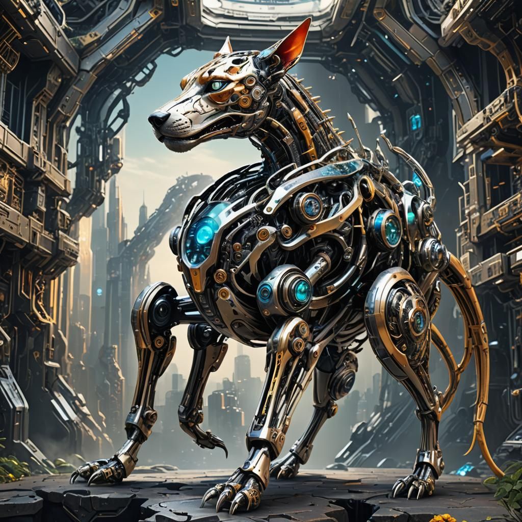 Cyborg Pet's Surreal Rebirth in Futuristic Landscape