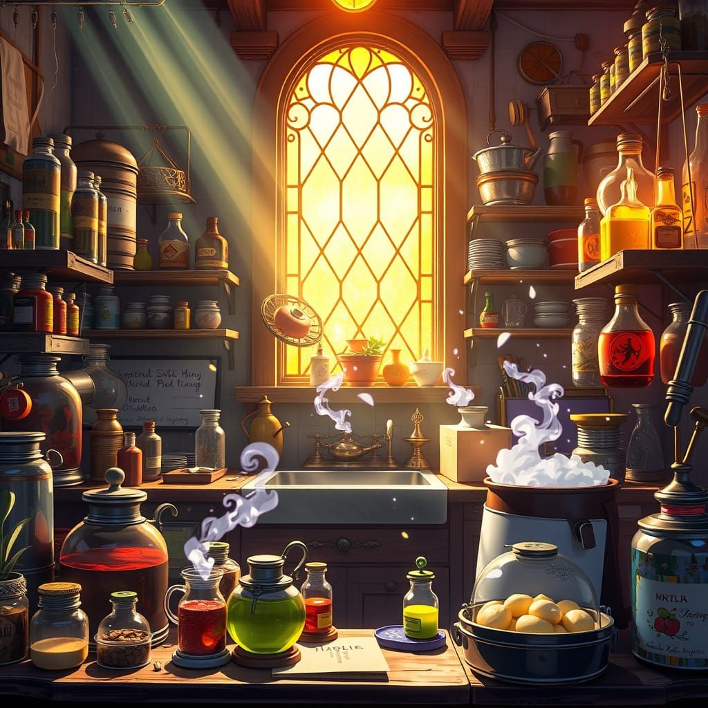 Magical Kitchen Scene in Vibrant 80s Anime Style