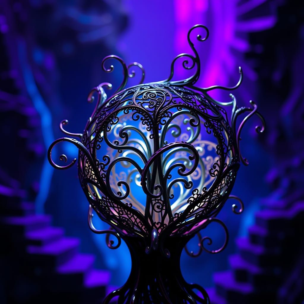 Biomechanical Steel Filigree in Electric Blue and Purple Hue...