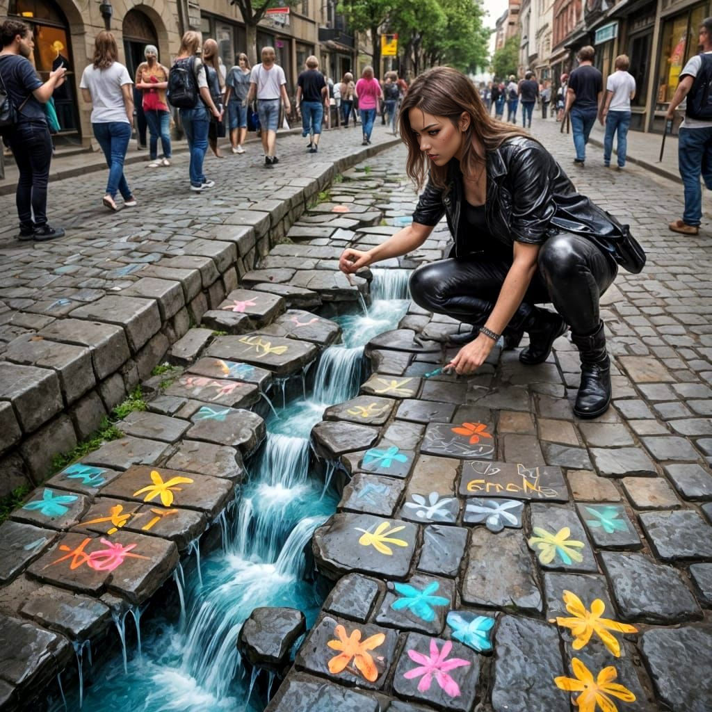Vibrant Graffiti Street Art with Illusionary Waterfall