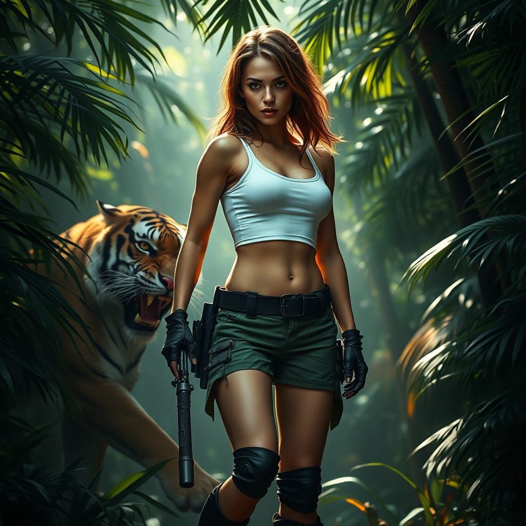 Lara Croft Style Woman Confronts Tiger in Jungle