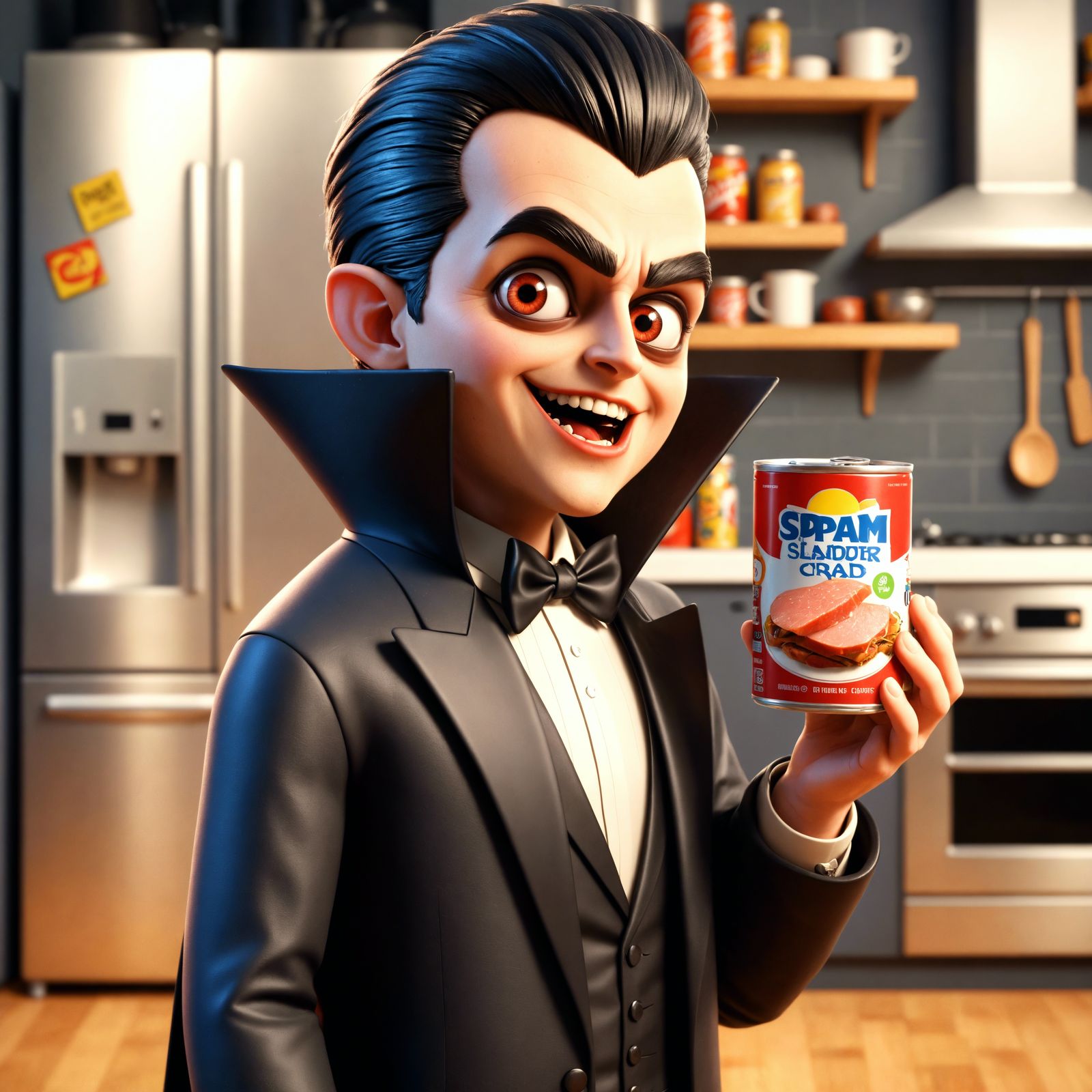 Playful Vampire in Modern Kitchen, CGI Animation