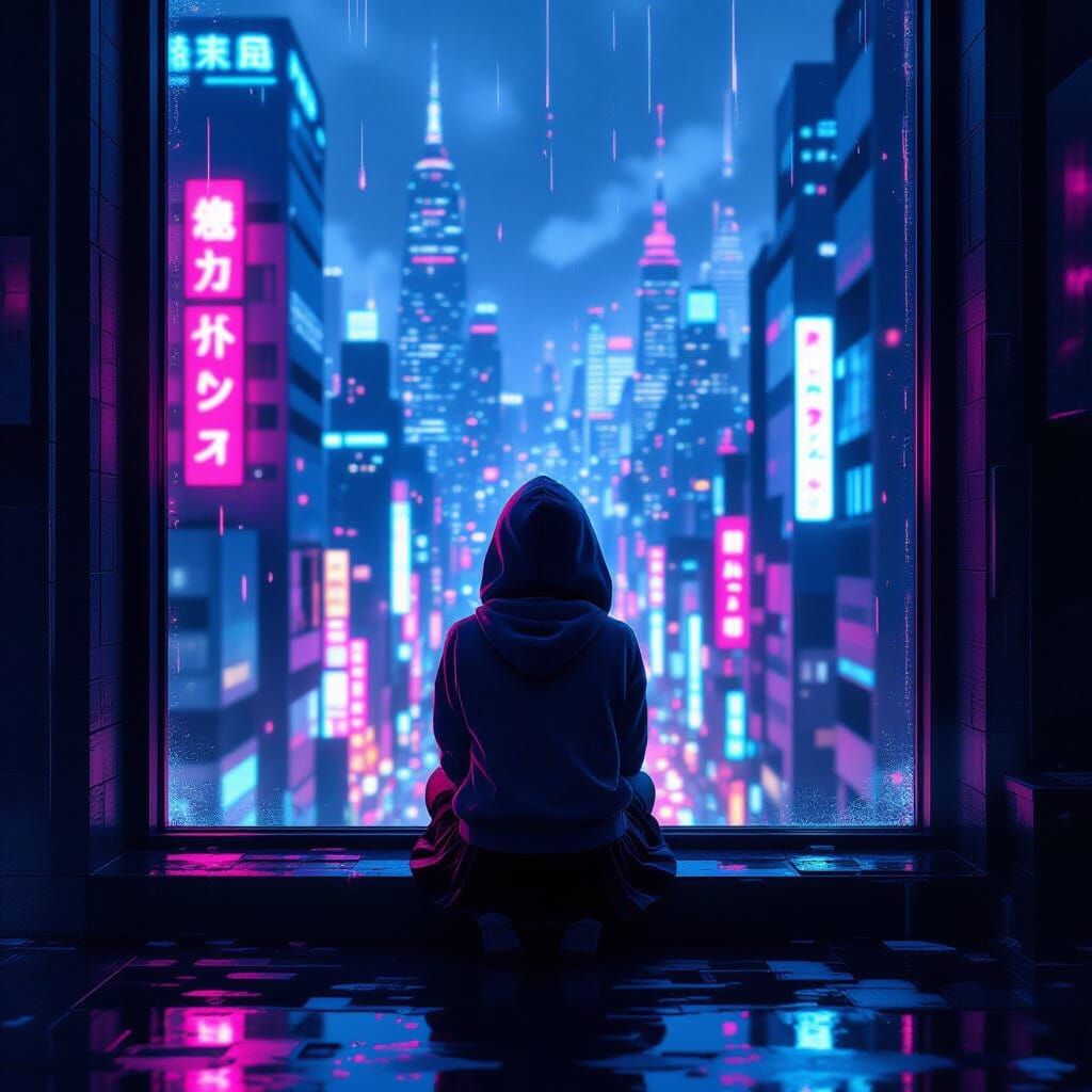 Girl Gazes at Neon Cyberpunk Cityscape from Window