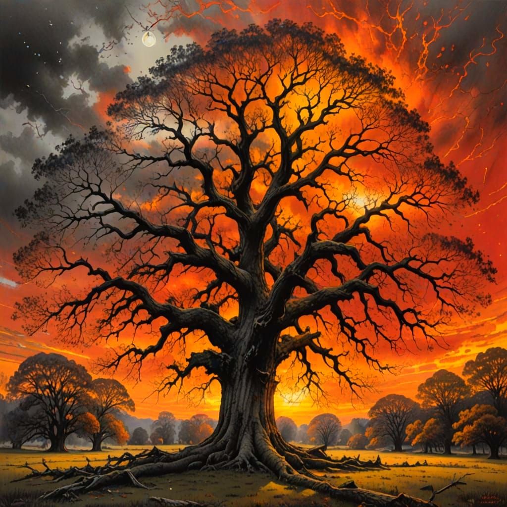 Majestic Oak Tree with Fiery Sky: Charcoal Drawing