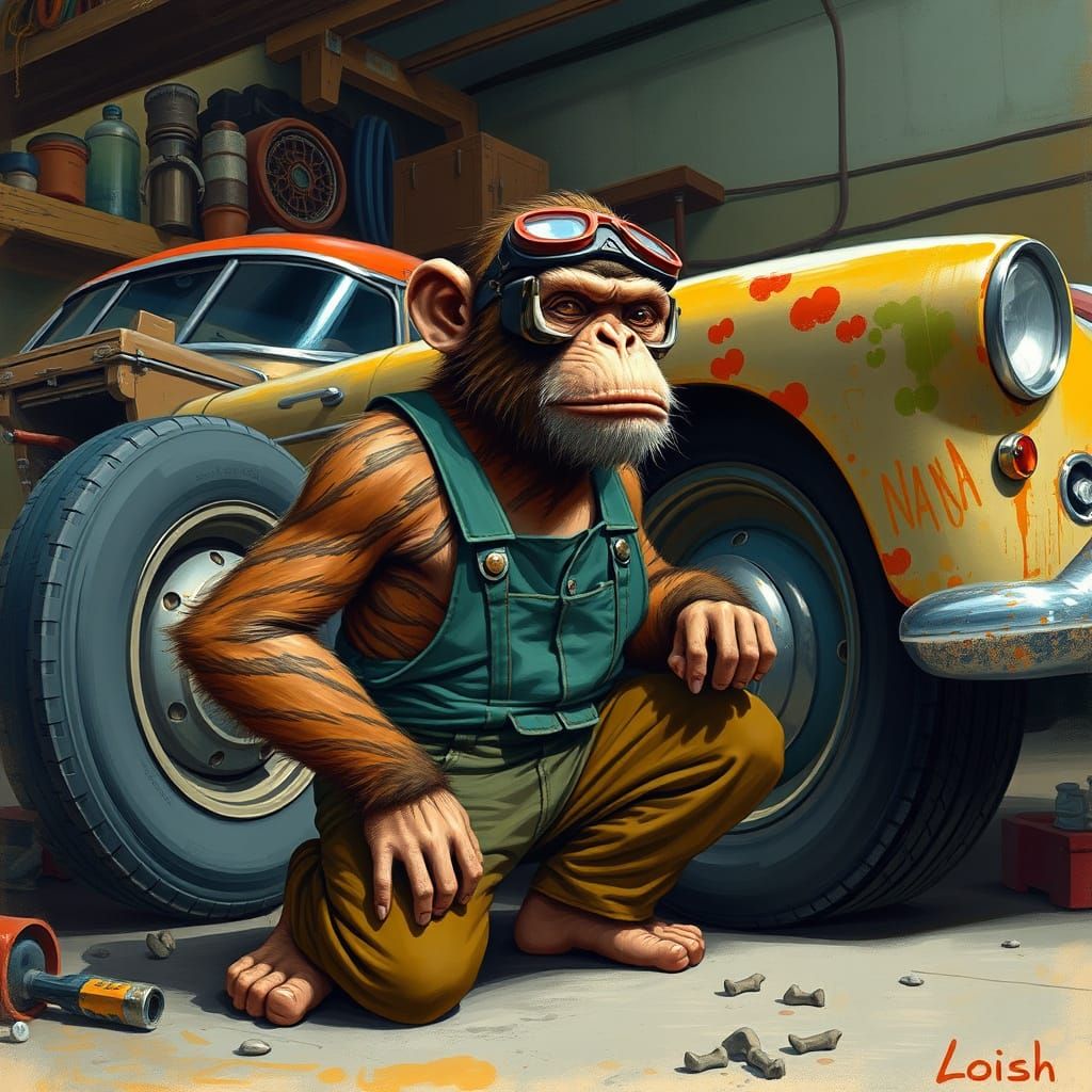 Monkey Mechanic Fixing Vintage Car, Digital Painting