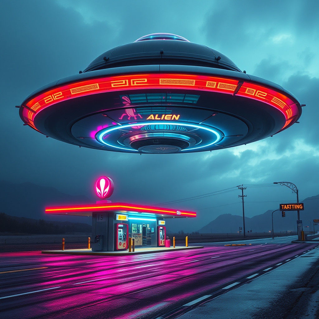 Futuristic Gas Station with UFO in Neon Noir