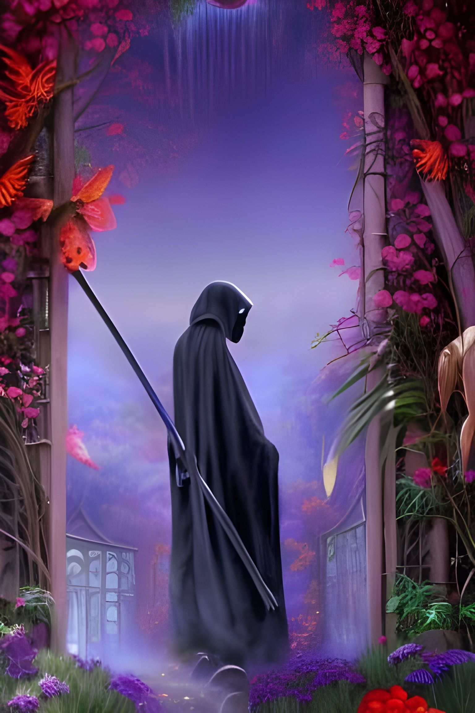 Grim Reaper in Paradise Garden: Digital Illustration