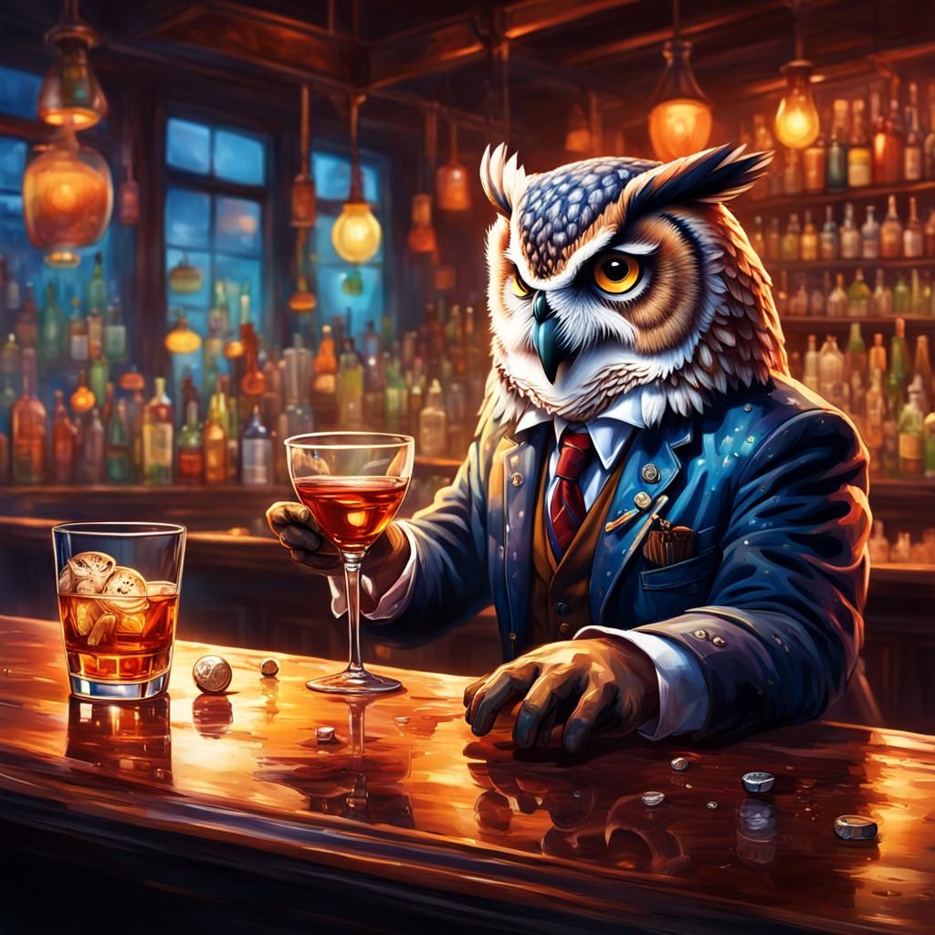 Owl Bartender in Empty Bar: Hyperrealistic Splash Art