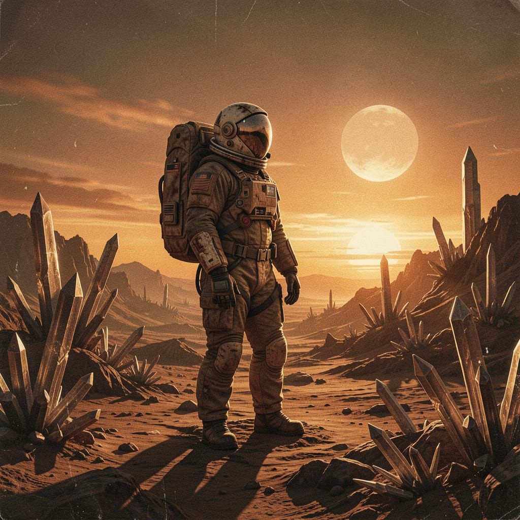 Astronaut on Alien Planet Watches Binary Sunset