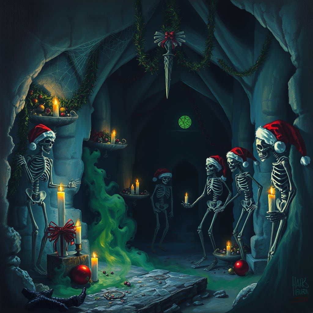 Haunted Christmas Crypt with Skeletons in Santa Hats