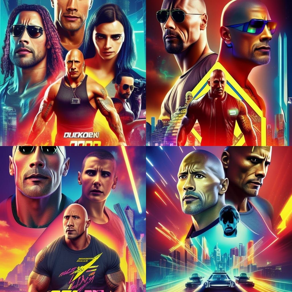Dwayne Johnson Cyberpunk Movie Poster in Neon Style