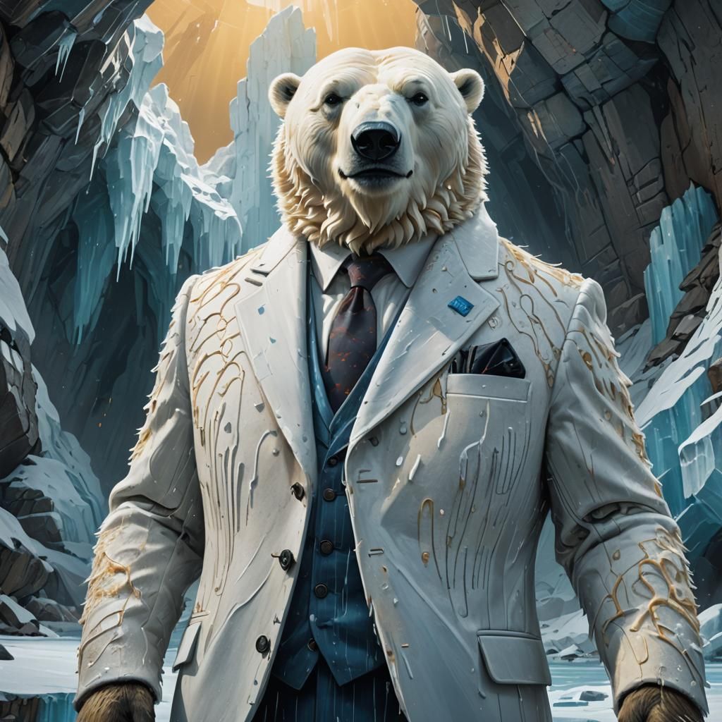 Polar Bear in Business Suit, Icy Cavern Scene