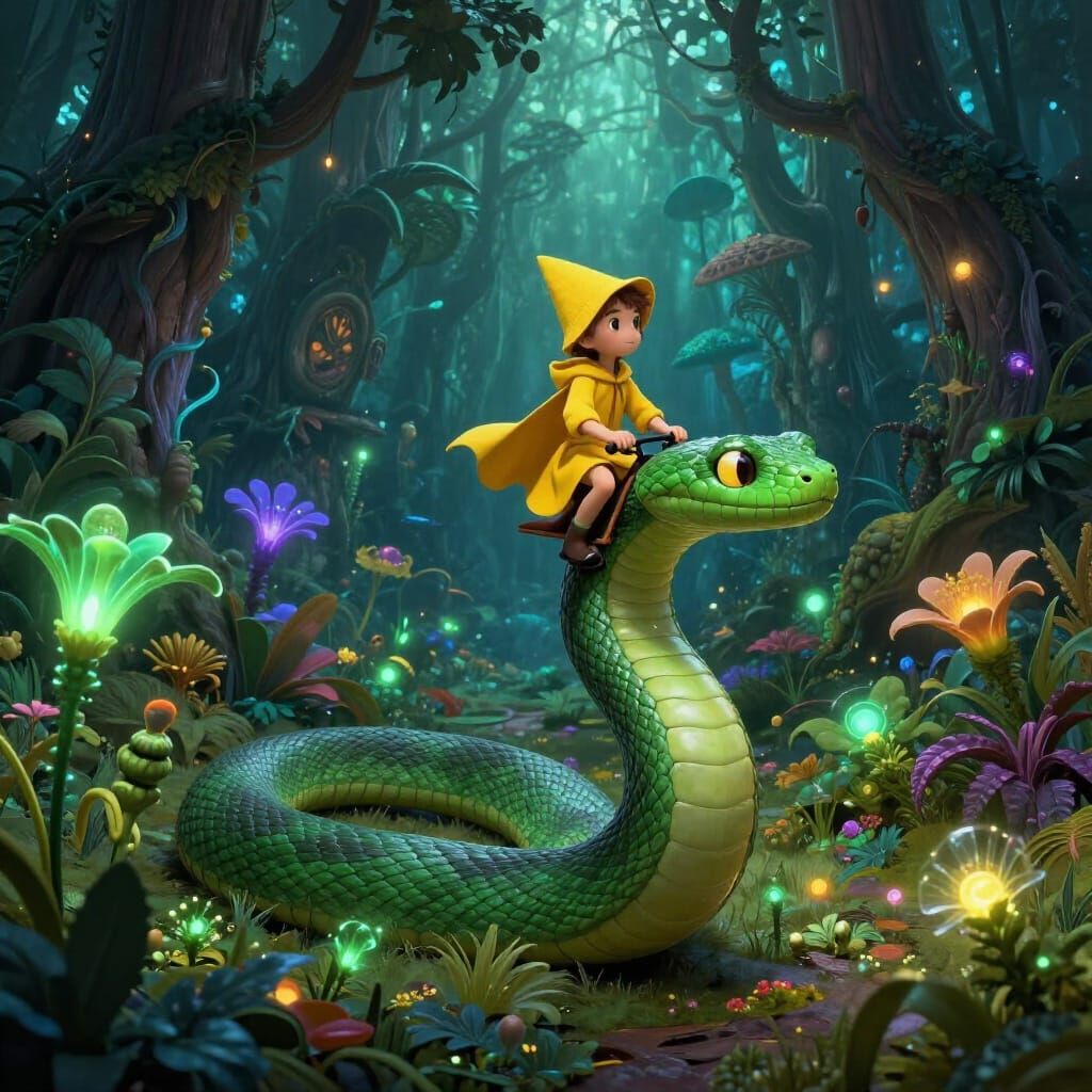 Little Red Riding Hood Rides Emerald Snake in Enchanted Fore...