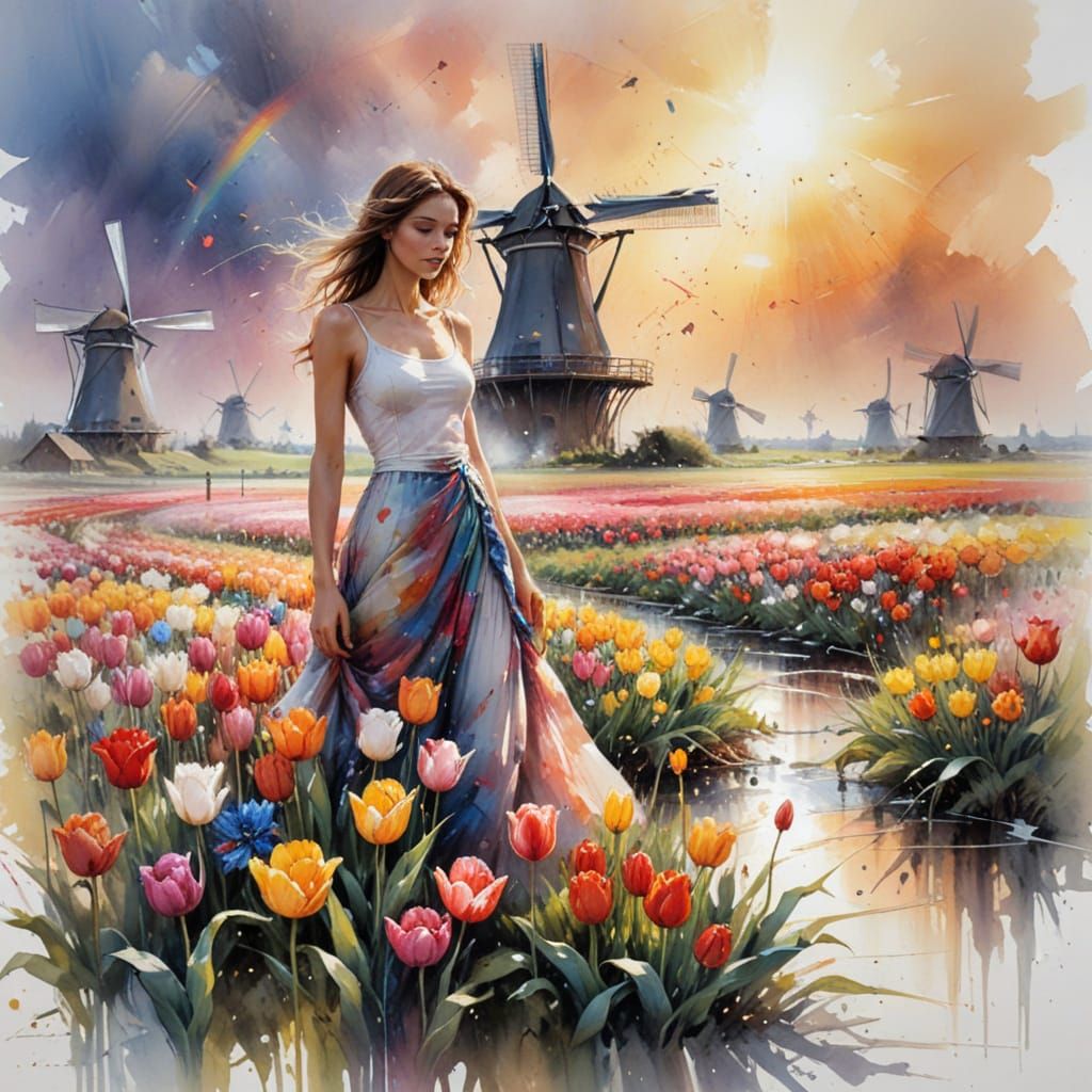 Vibrant Dutch Tulip Fields with Windmills in Watercolour Sty...