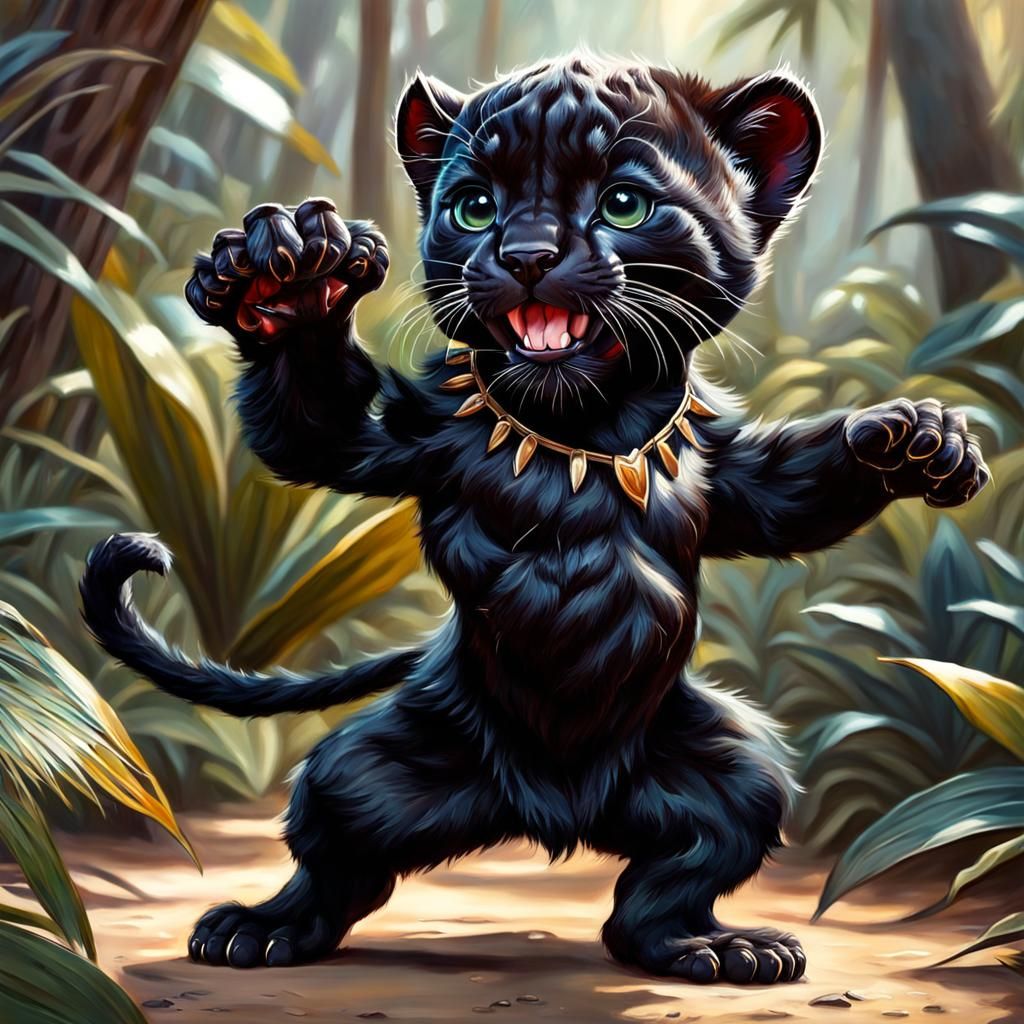 Adorable Cartoon Panther Dancing, Oil Painting