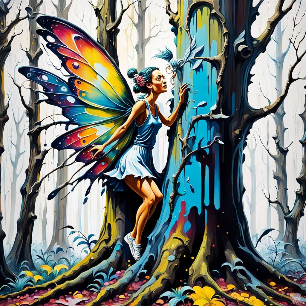 Mischievous Fairy in Forest, Graffiti Art Style