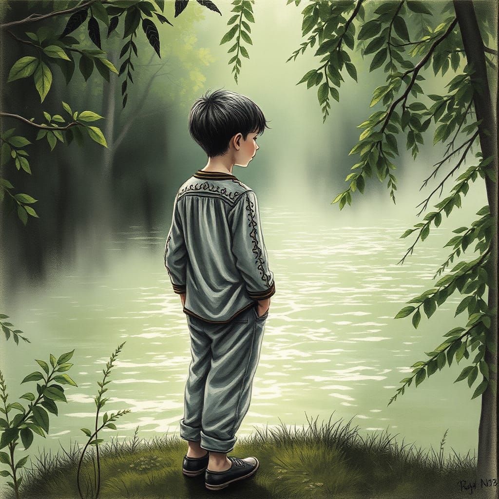 Ukrainian Boy Gazing Across Misty River as Charcoal Drawing