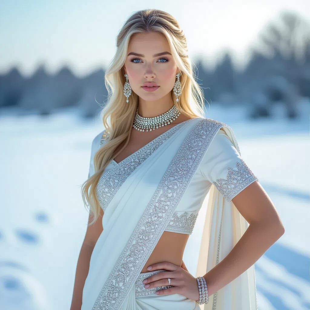 Elegant White Sari in Snowy Nordic Landscape