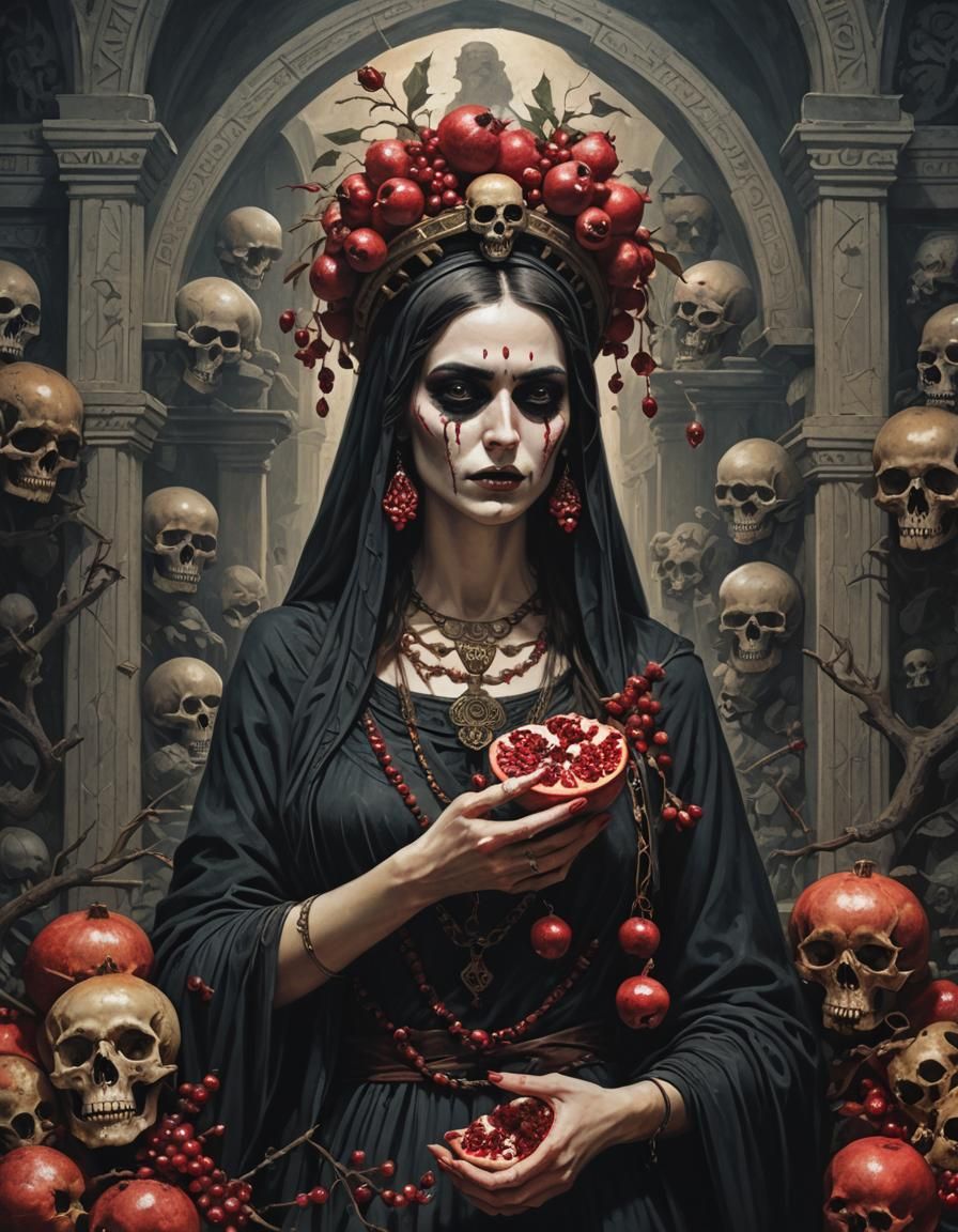 Gothic Persephone with Pomegranate and Skulls