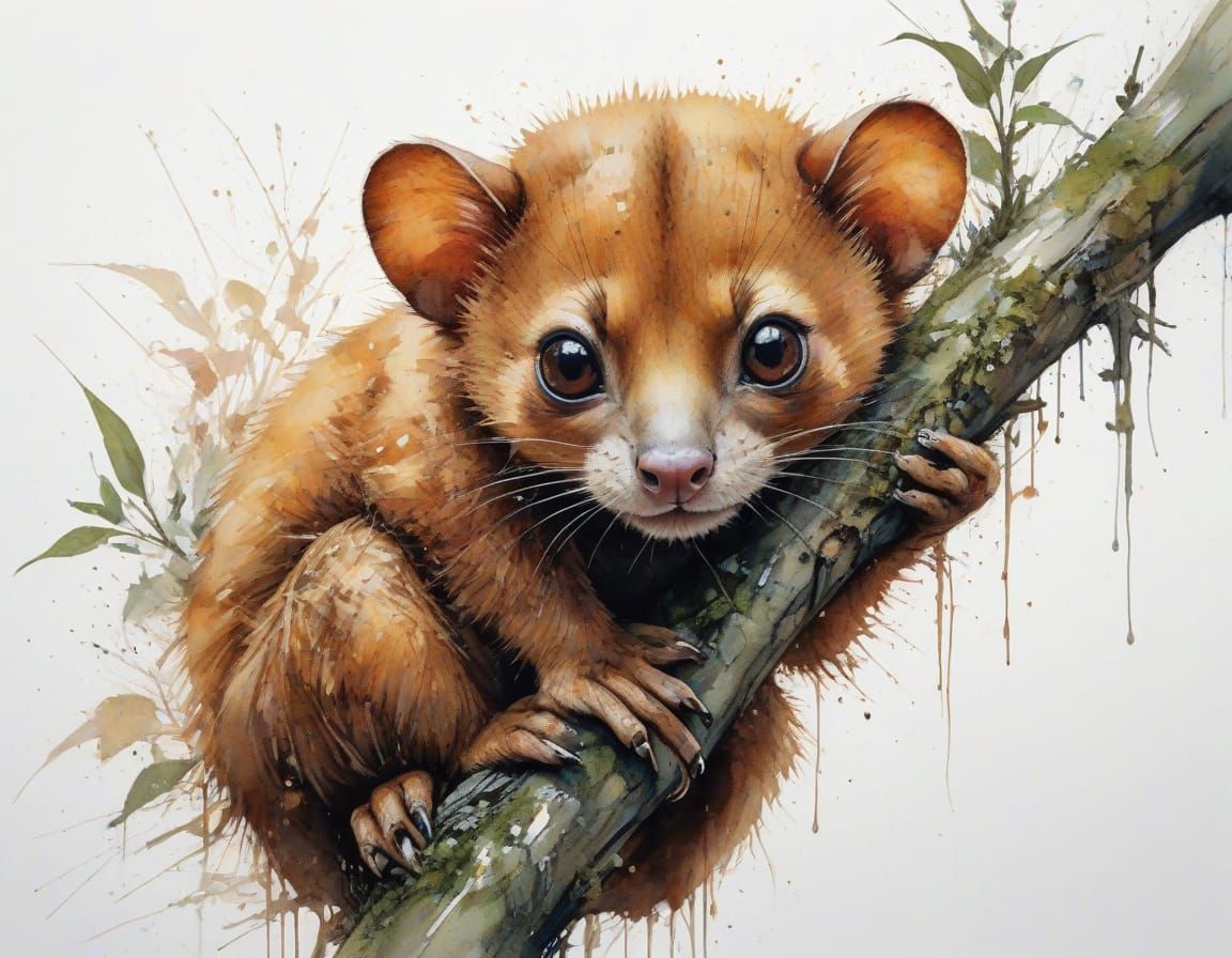 Baby Kinkajou in Lush Watercolour Landscape