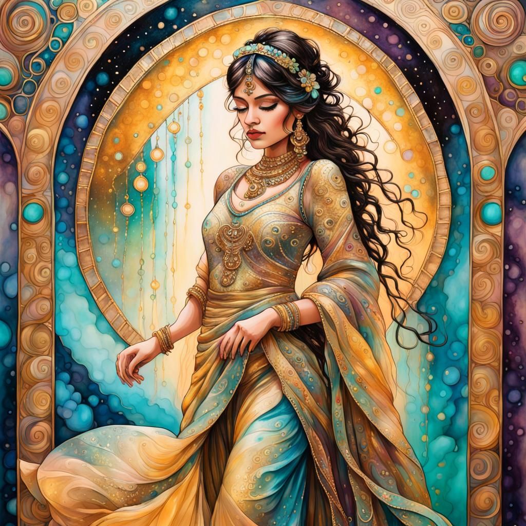 Indian Princess in Ornate Archway: Klimt-Inspired Alcohol In...