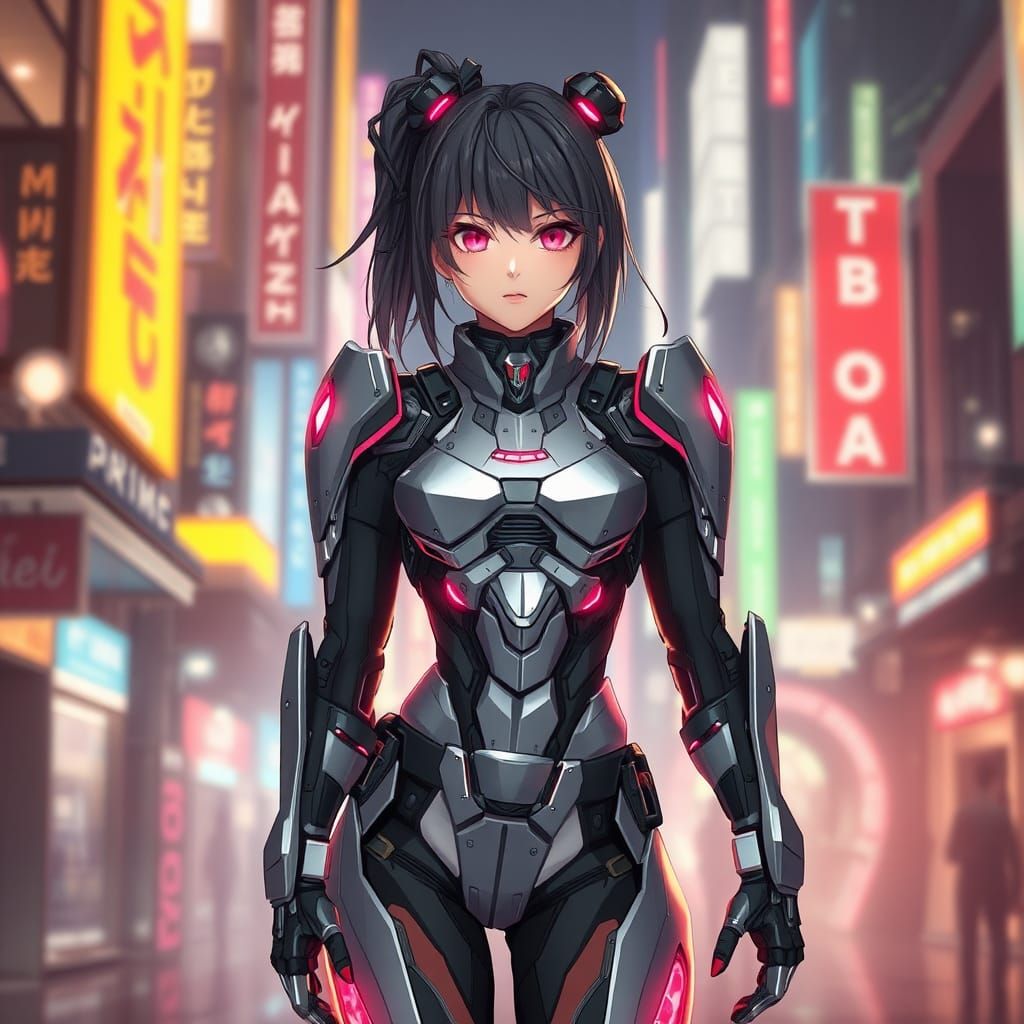 Cybernetic Anime Heroine in Neon Cityscape