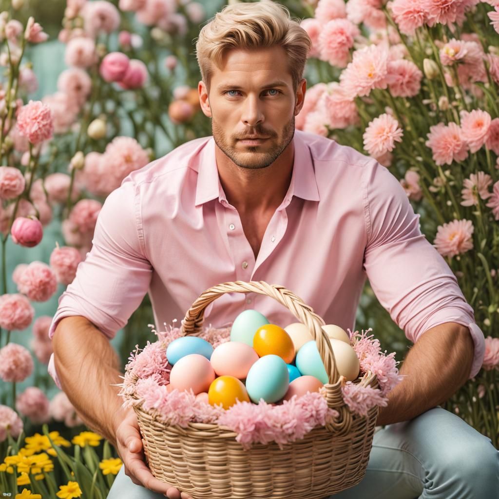 Handsome Man with Easter Eggs in Pastel Garden