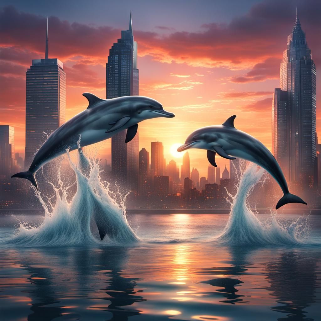 Dolphins at Sunset Cityscape: Fantasy Concept Art