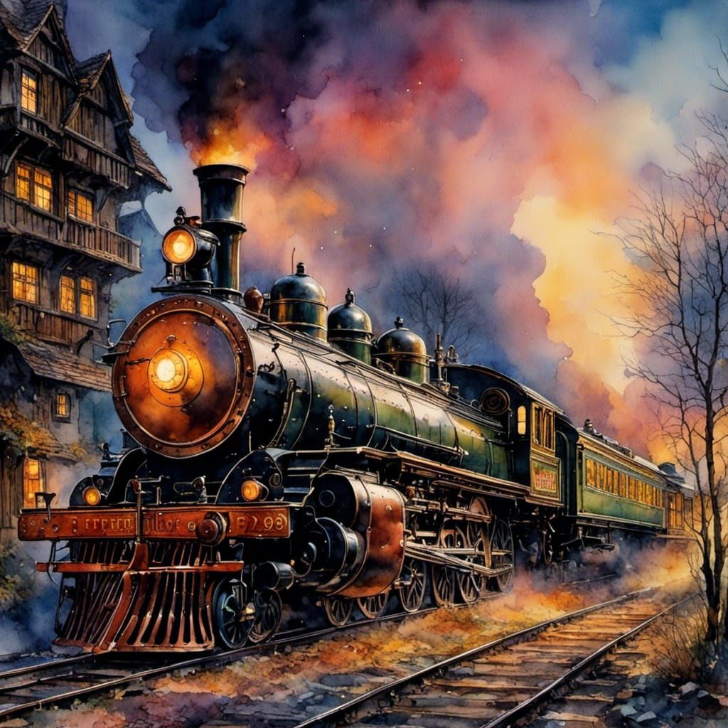 Futuristic Stained Glass Locomotive in Cyberspace