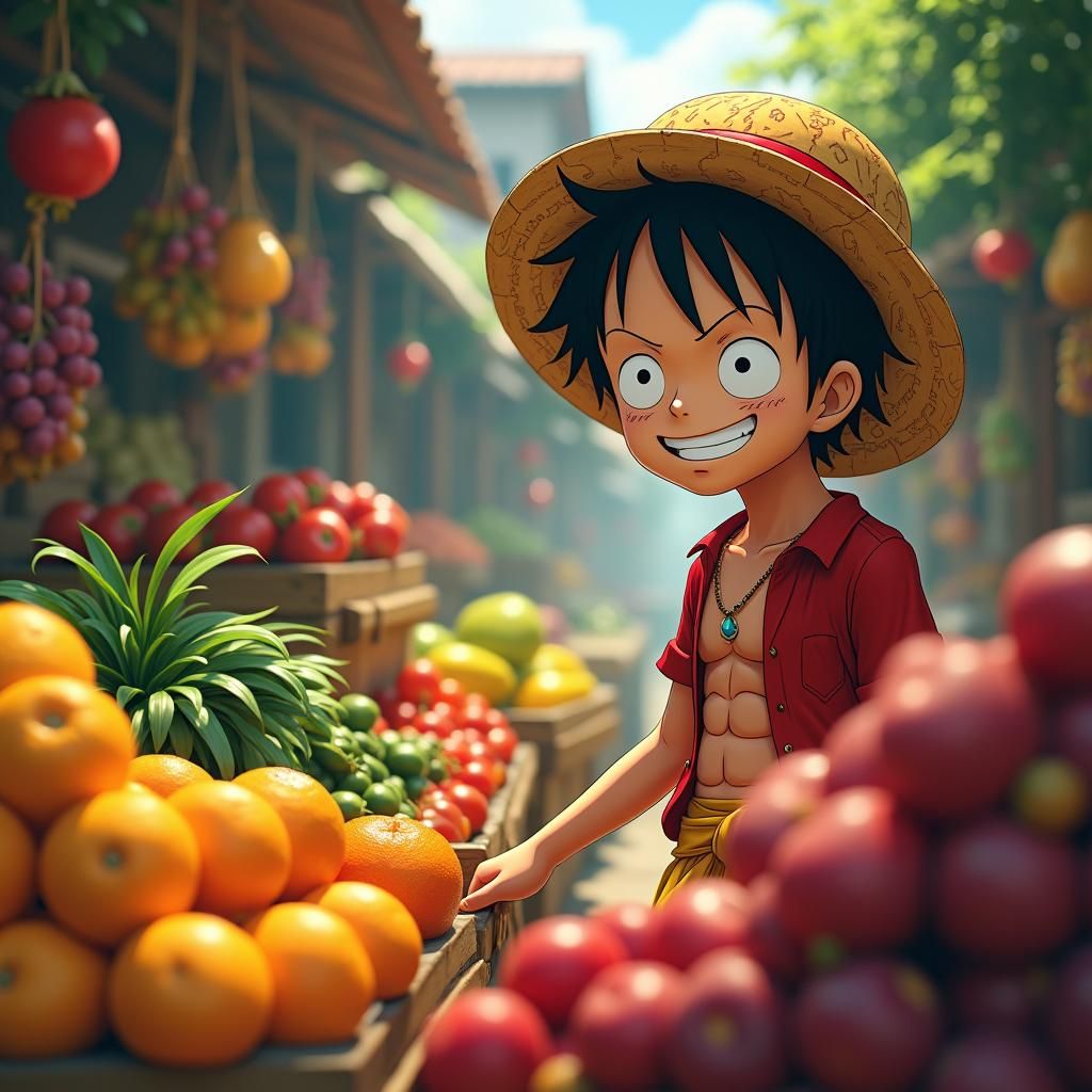 Luffy at Fruit Stall in Ghibli Anime Style