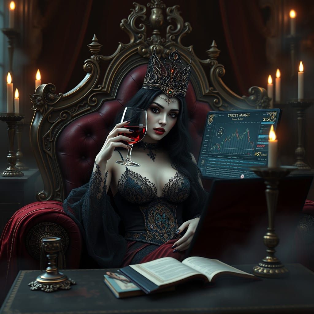 Ethereal Queen Vampire Enthralled by Cryptocurrency Trading...