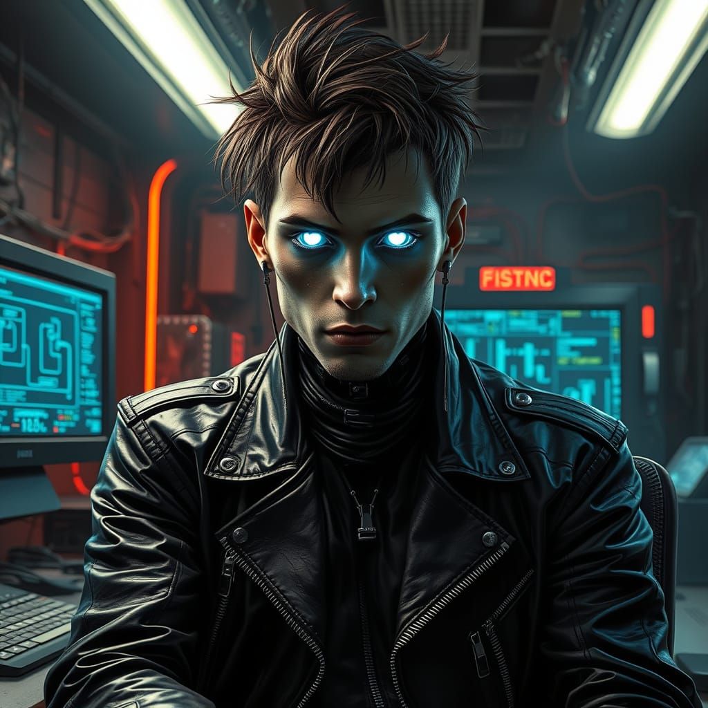 Cyborg Man in Neon-Lit Laboratory