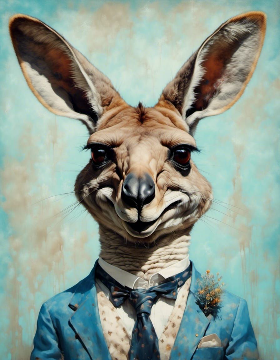 Smiling Sky-Blue Kangaroo Portrait in Surreal Style