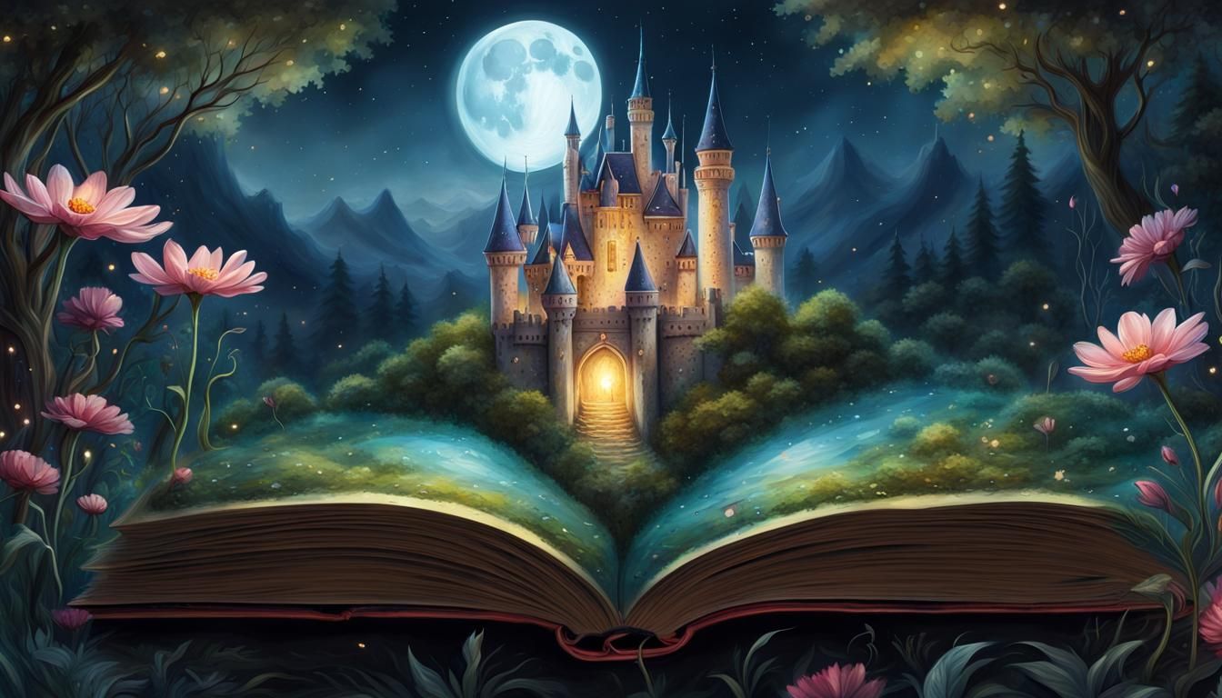Moonlit Fantasy Castle Emerges from Storybook Painting