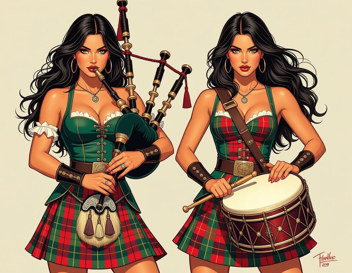 Scottish Women Playing Music in Bold Comic Style