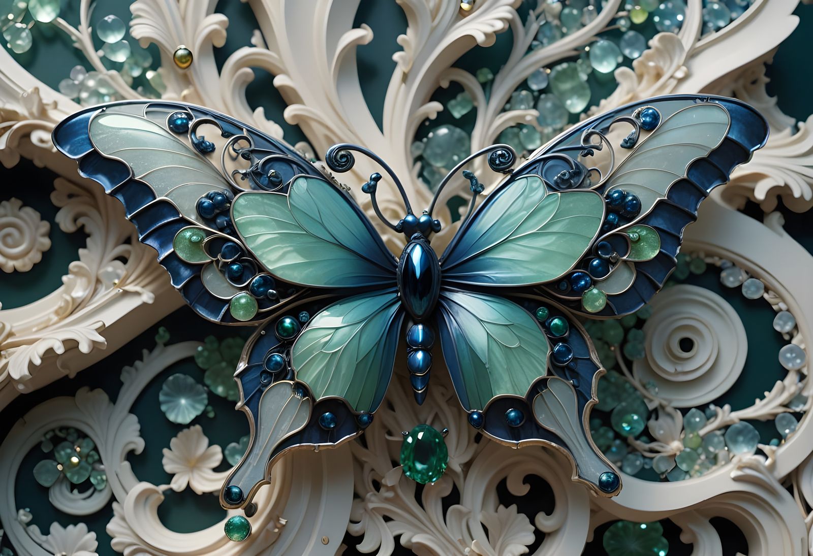 Glowing Sea Glass Butterfly Sculpture in Art Nouveau Style
