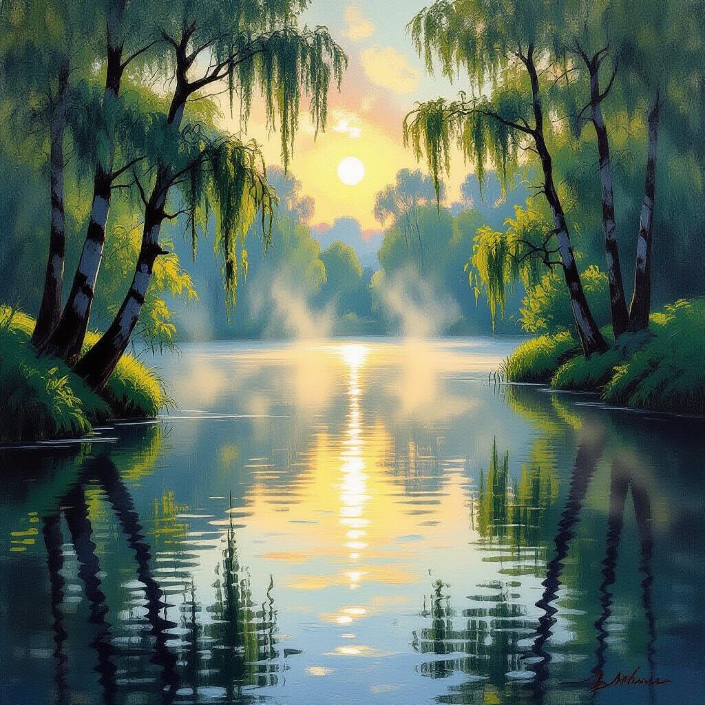 Lake at Dawn: Impressionistic Style Image
