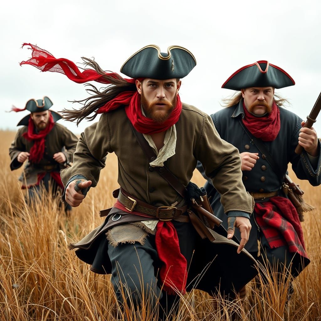 Scarlet Pirate Leader Chases Through Medieval Landscape