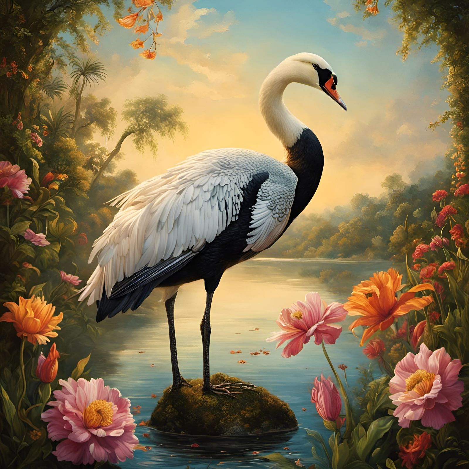 Detailed Black Swan in Symbolist Painting Style