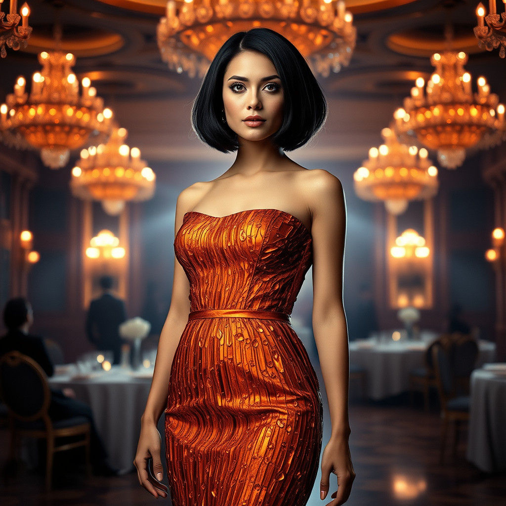 Elegant Woman in Crystal Dress in Grand Ballroom