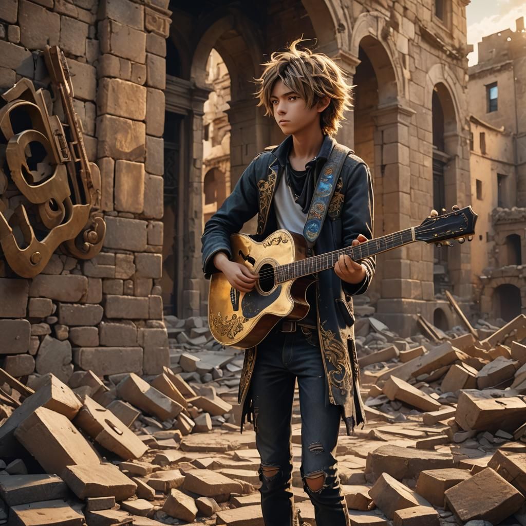 Young Musician in Ruined Cityscape: 3D Anime Art