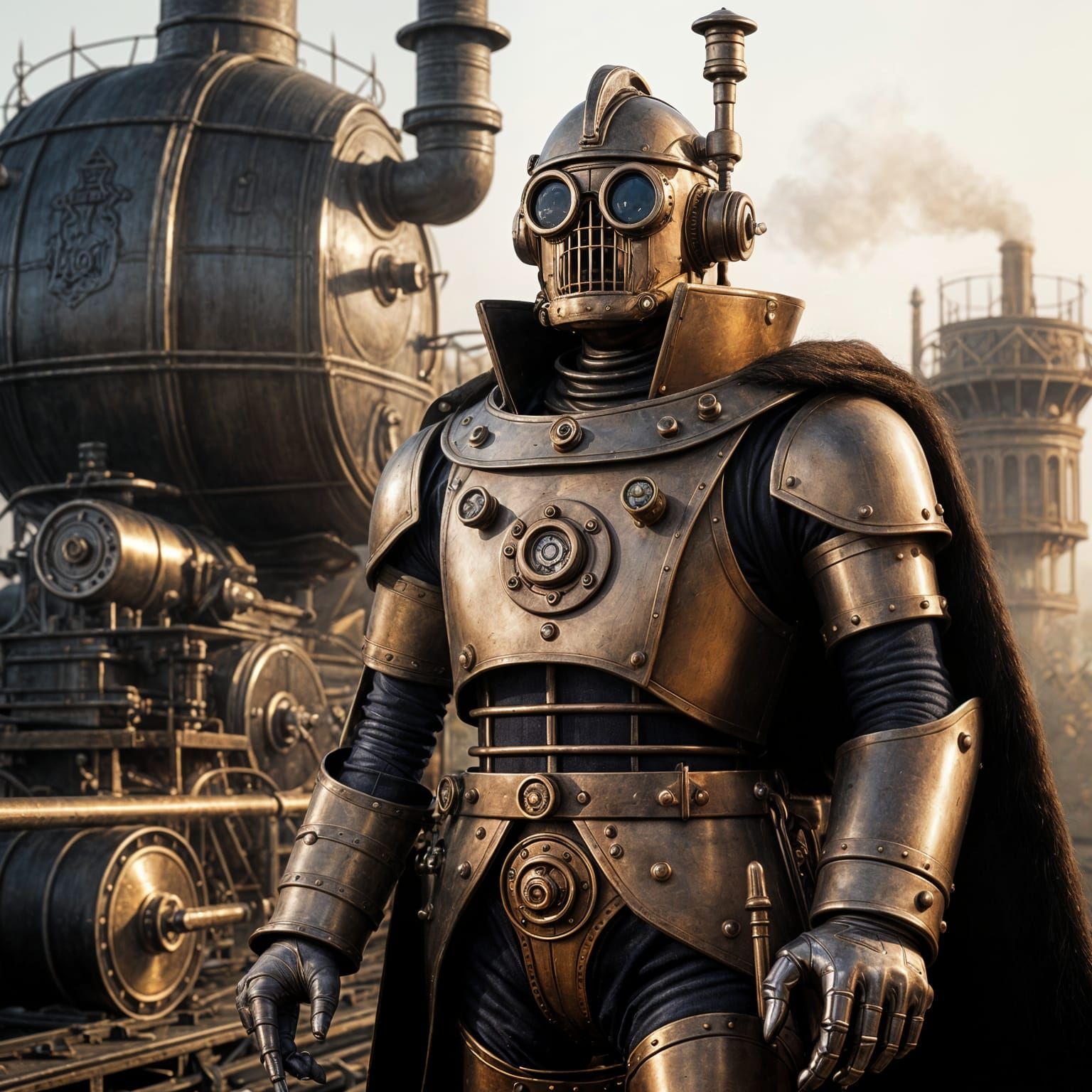 Steampunk Tin Man Against Industrial Backdrop