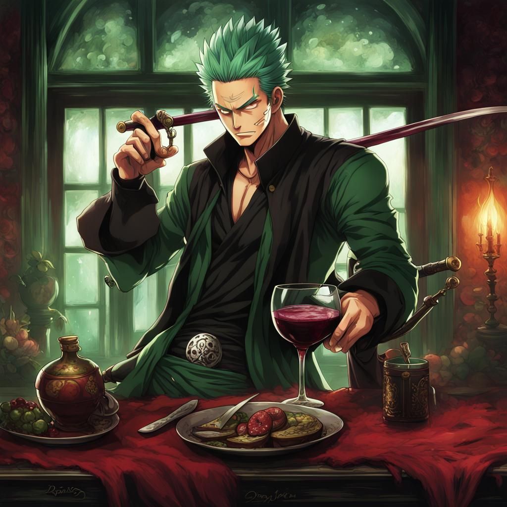 Zoro and Mihawk Drinking Wine, One Piece Style