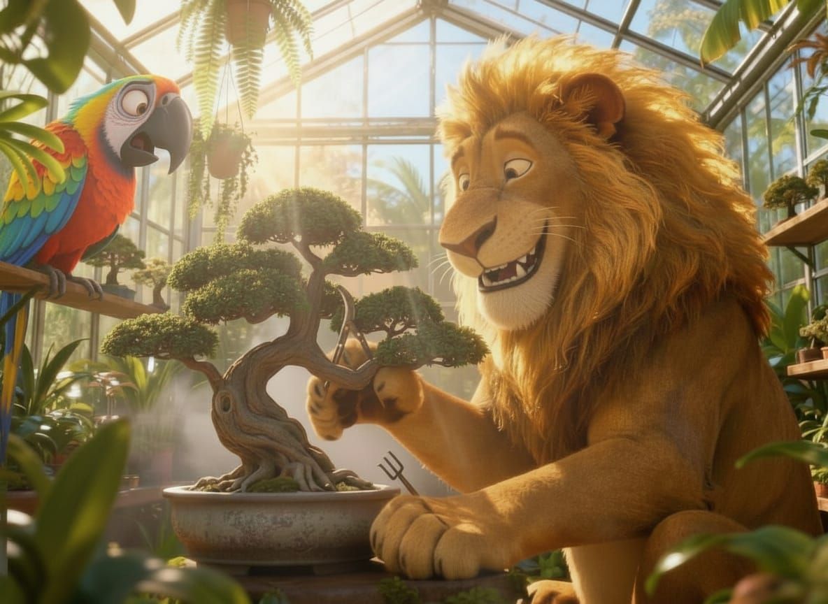 Majestic Lion Tends to Bonsai in Sunlit Greenhouse