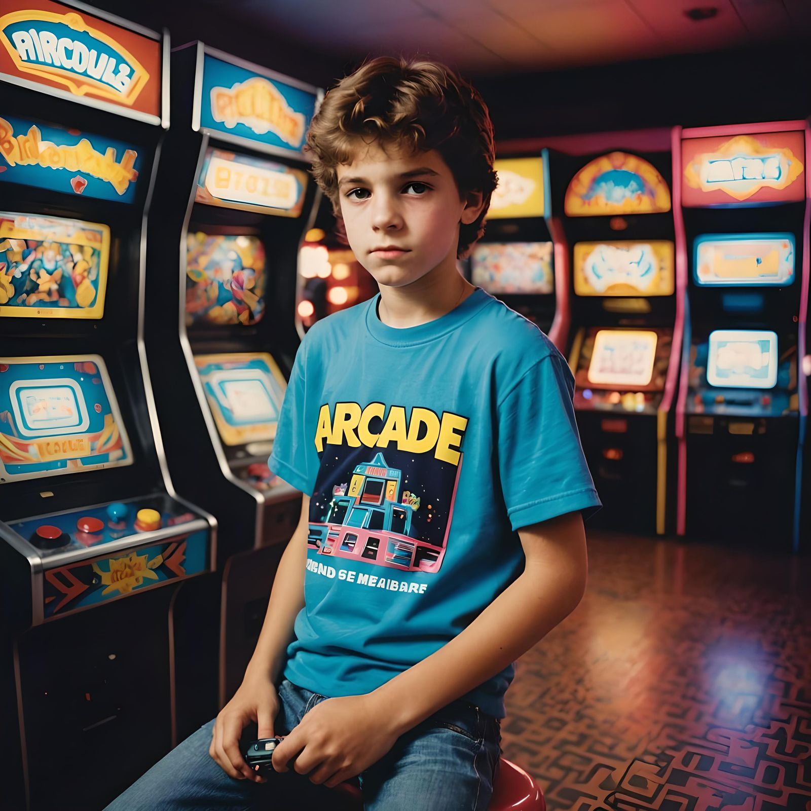 (1980s style:1.4) photo of a boy playing in an arcade, with ...